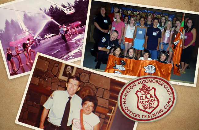 Photo collage of four photos depicting various activities at CAA School Safety Patrol Camp over the years. Top left, campers participating in fire hose games. Top right, a Patrol team and police officers, pose with a camp flag. Bottom left, a Hamilton police officer poses with a Patroller. Bottom right, a Hamilton officer training camp badge.