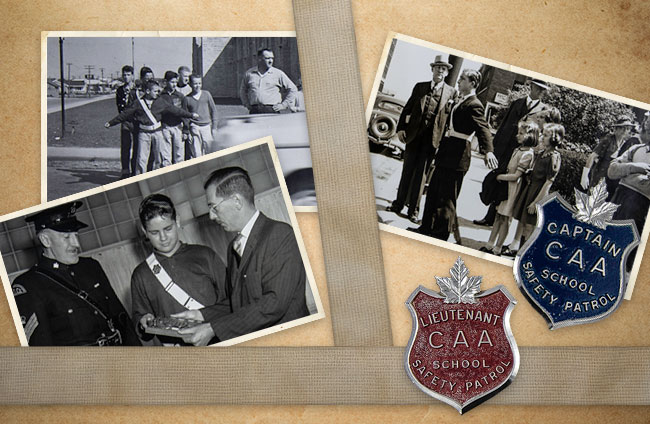 Photo collage of four photos. Top left: black and white photo of a Patroller in a patrol belt, arms extended at a 45 degree angle, with younger students in the background and an adult to the right.  Top right, black and white photo of a Patroller in a patrol belt, arms extended at a 45 degree angle, with students behind him, and four adults in the background. Bottom left, Patroller in a patrol belt, receiving a plaque from a man on his right and a police officer on his left. Bottom right, image of two vintage CAA School Safety Patrol lapel pins. The blue pin reads Captain CAA School Safety Patrol. The red pin reads Lieutenant CAA School Safety Patrol.