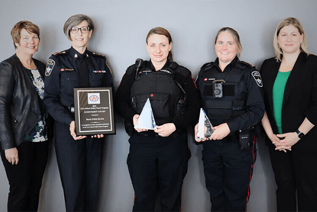 Pictured, from left, are Brenda Rideout, board member, Kimberley Greenwood, Barrie police chief, Special Const. Shannon Calladine, Const. Julie Reynolds and Leslie Rocha, community program consultant, CAA South Central Ontario.