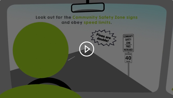 Illustration from a drivers point of view, looking at a community safety zone sign, with the text above it stating Look out for Community Safety Zone signs and obey speed limits.