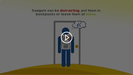 Illustration depicting a student with a thought bubble above their head indicating distraction, with text above stating Gadgets can be distracting, put them in backpacks or leave them at home.